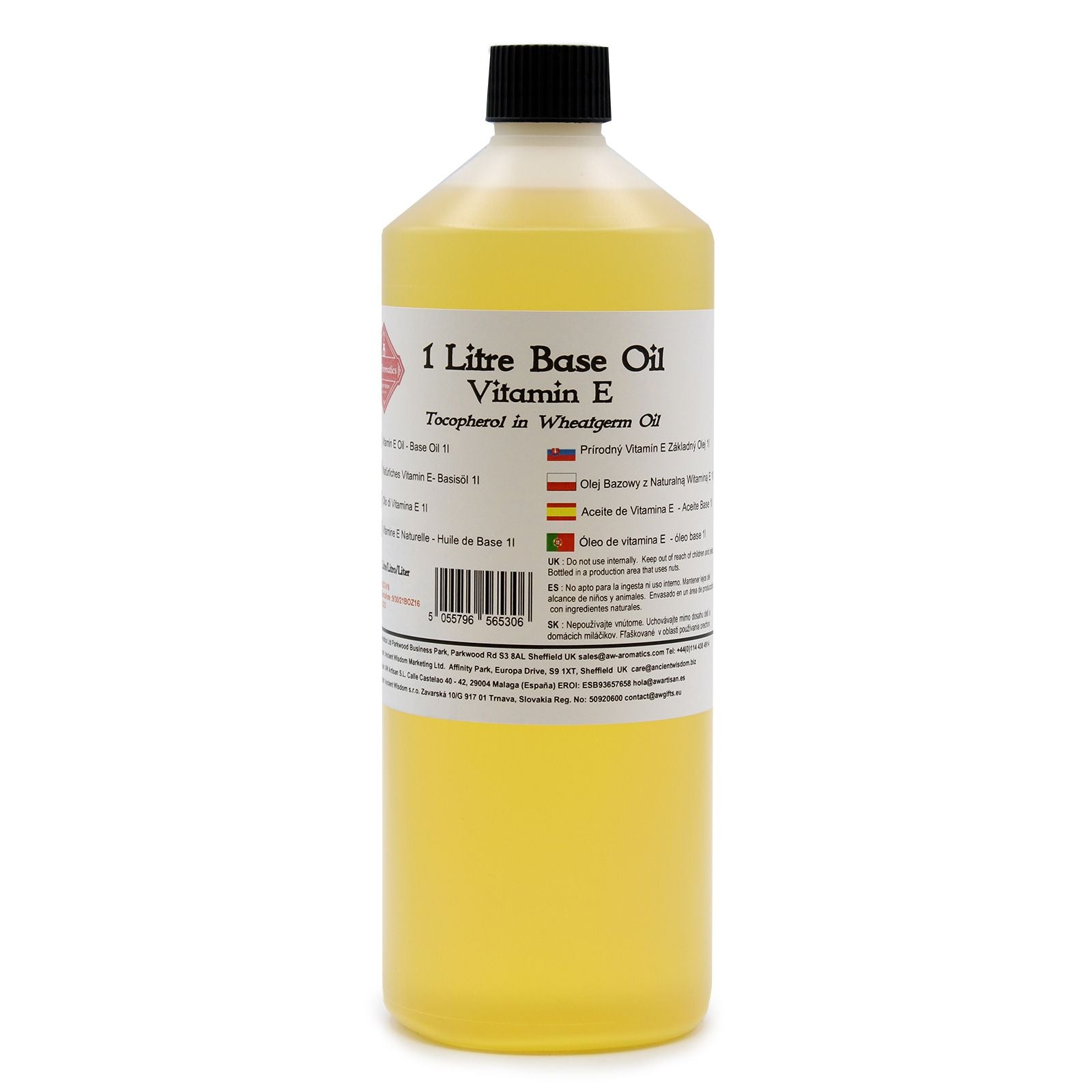 Aceite base de 1 litro con vitamina E, color amarillo, en botella de plástico, ideal para cosmética y masajes.