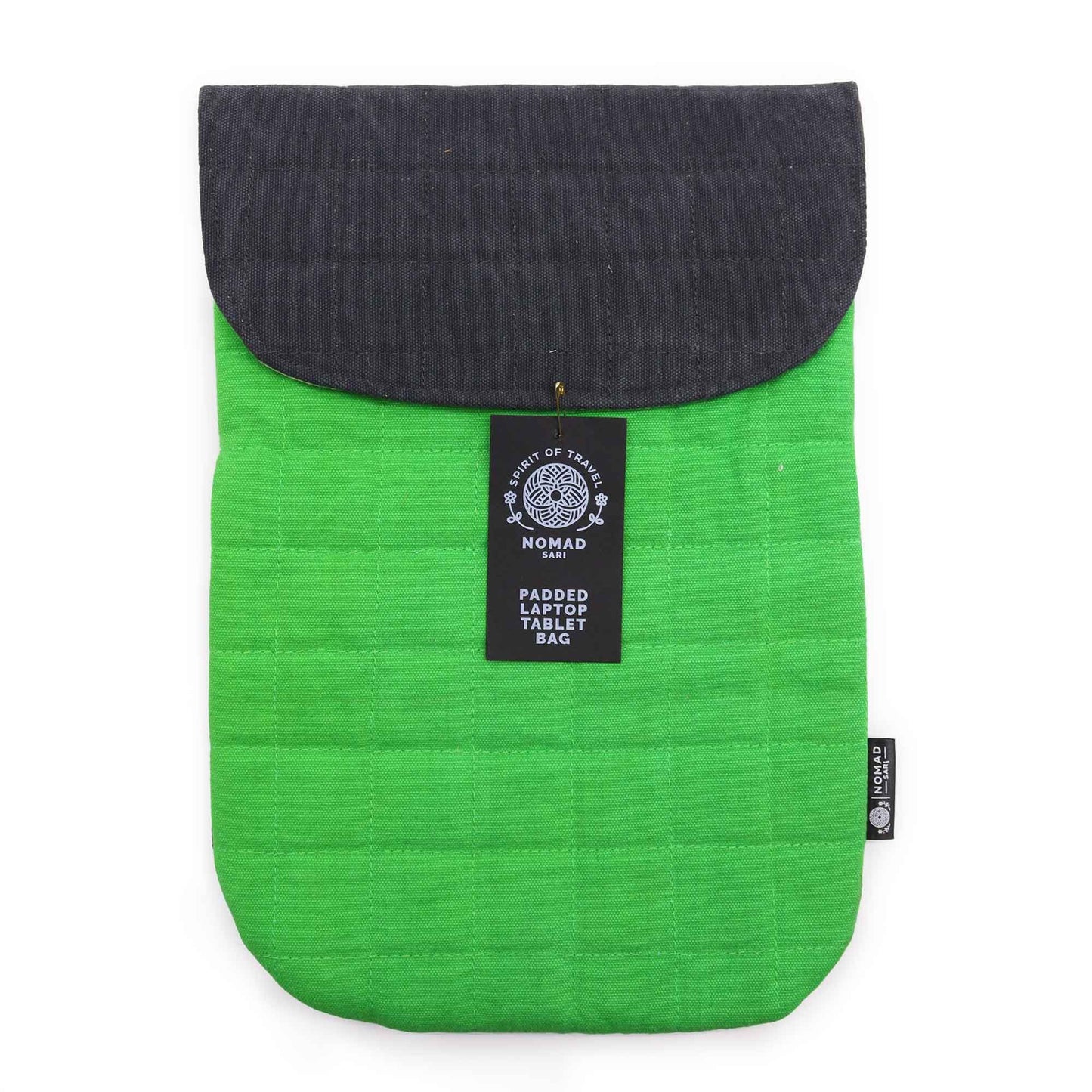 Bolsa para tablet acolchada en verde brillante con tapa negra, ideal para proteger dispositivos electrónicos.