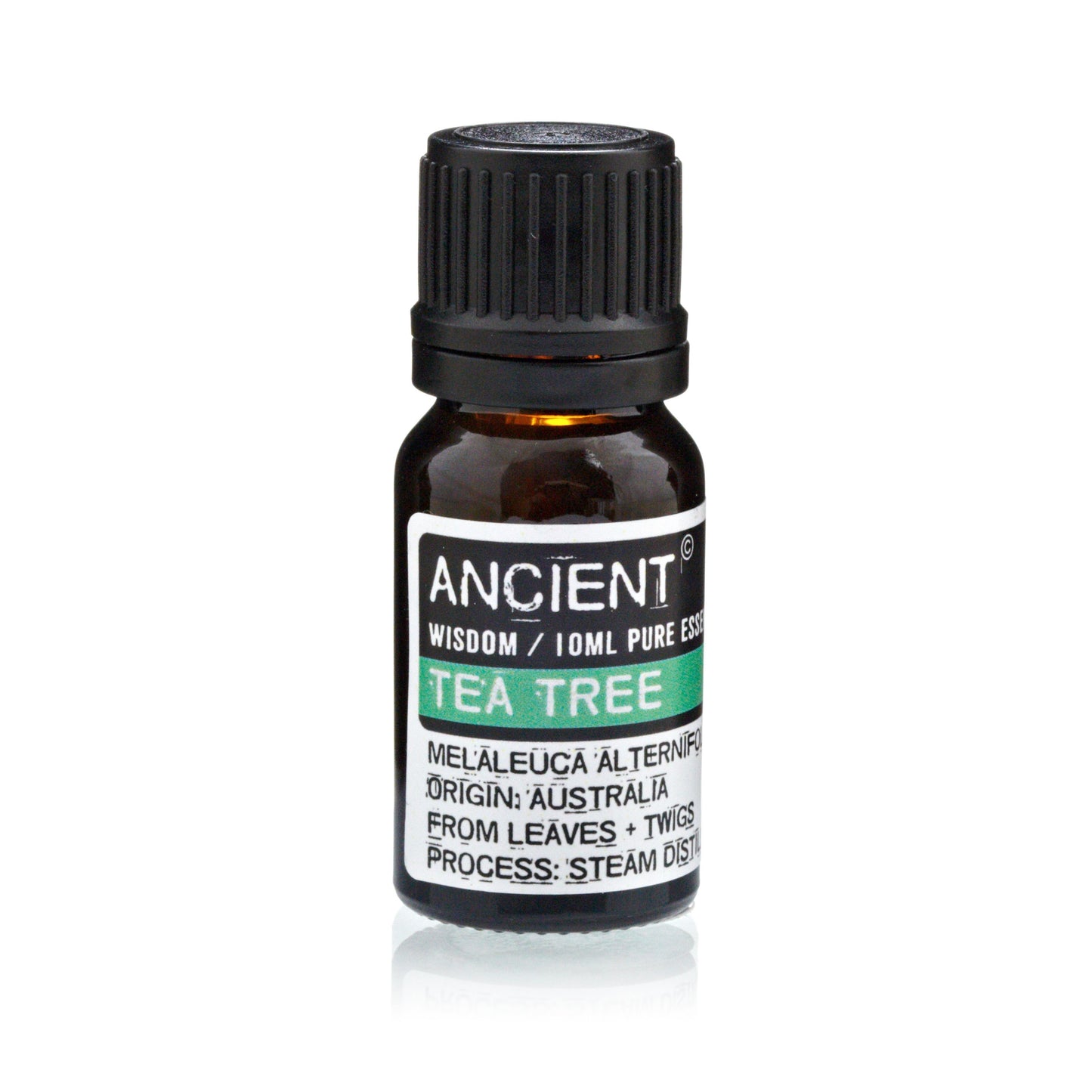 Aceite esencial de árbol de té, 10 ml, en frasco ámbar con tapa negra, 100% puro, destilado al vapor.