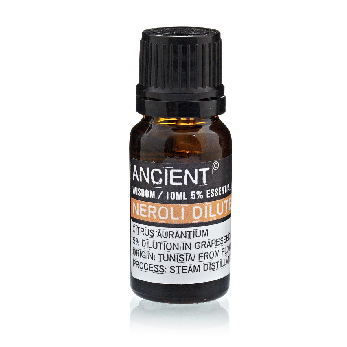 Aceite esencial diluido de neroli en botella ámbar de 10ml, aroma fresco y floral, ideal para aromaterapia.