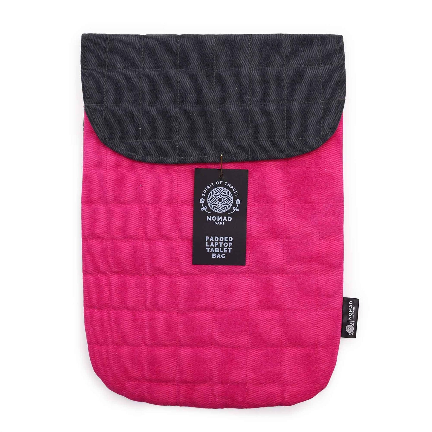 Bolsa acolchada para laptop y tableta, color rosa fucsia con tapa negra, estilo moderno y elegante.