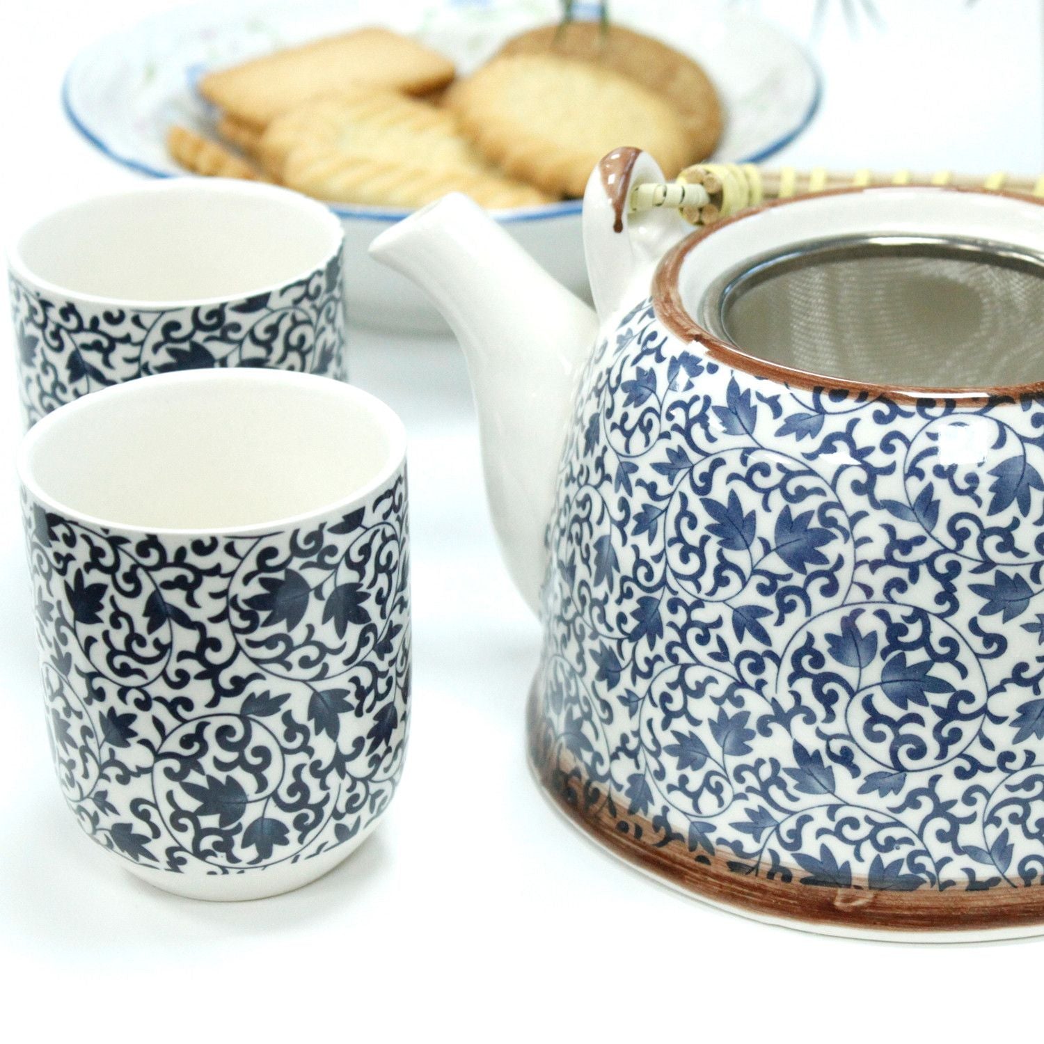 Set de Tetera Herbal con 6 Tazas y Colador - Diseño Azul Artesanal