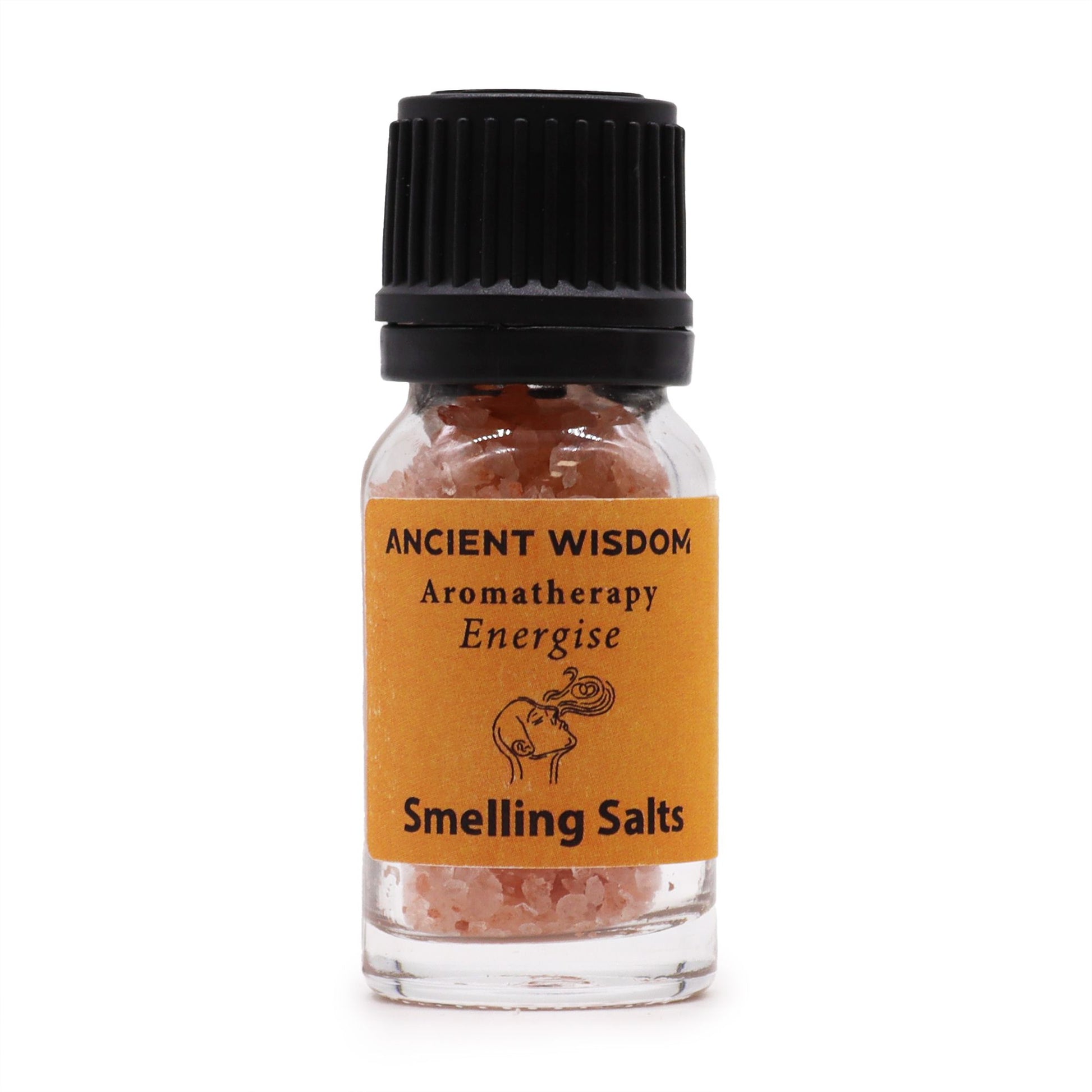 Frasco de vidrio con sales rosas, tapa negra y etiqueta naranja con texto y dibujo de aromaterapia "Energise".