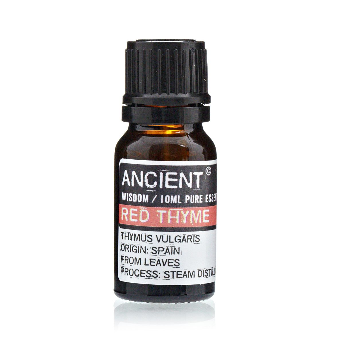 Aceite esencial de tomillo rojo, 10 ml, color ámbar, con tapa negra. Proveniente de España, destilado al vapor.