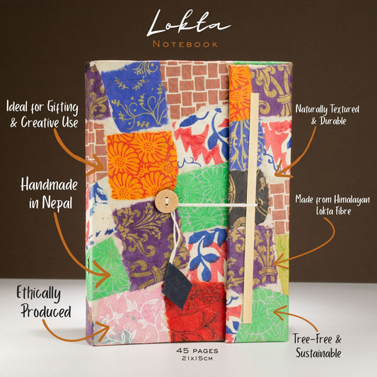 Cuaderno Lokta hecho a mano, colores variados, textura natural, 45 páginas, libre de árboles, producción ética.
