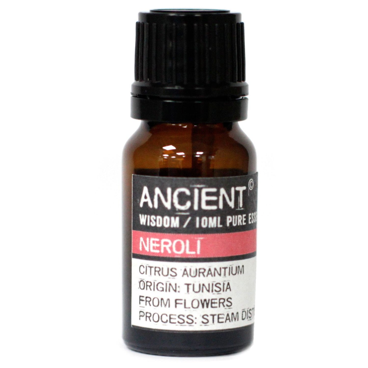 Aceite esencial de neroli en frasco de vidrio ámbar, 10 mL, aroma cítrico, origen: flores de Túnez.