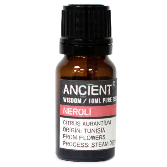 Aceite esencial de neroli en frasco de vidrio ámbar, 10 mL, aroma cítrico, origen: flores de Túnez.