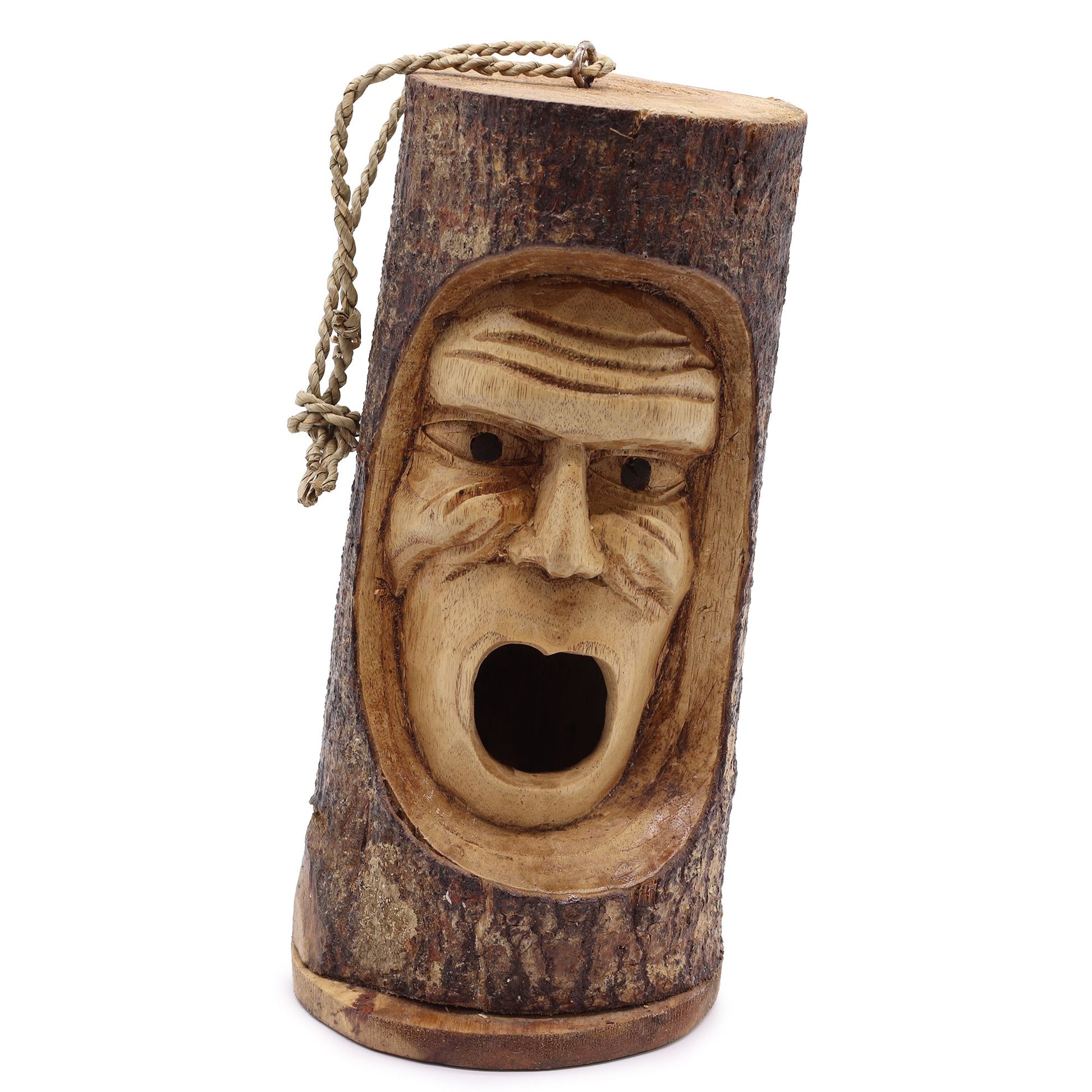 Escultura de madera tallada en forma de cara con cuerda, estilo rústico, color marrón claro y oscuro.