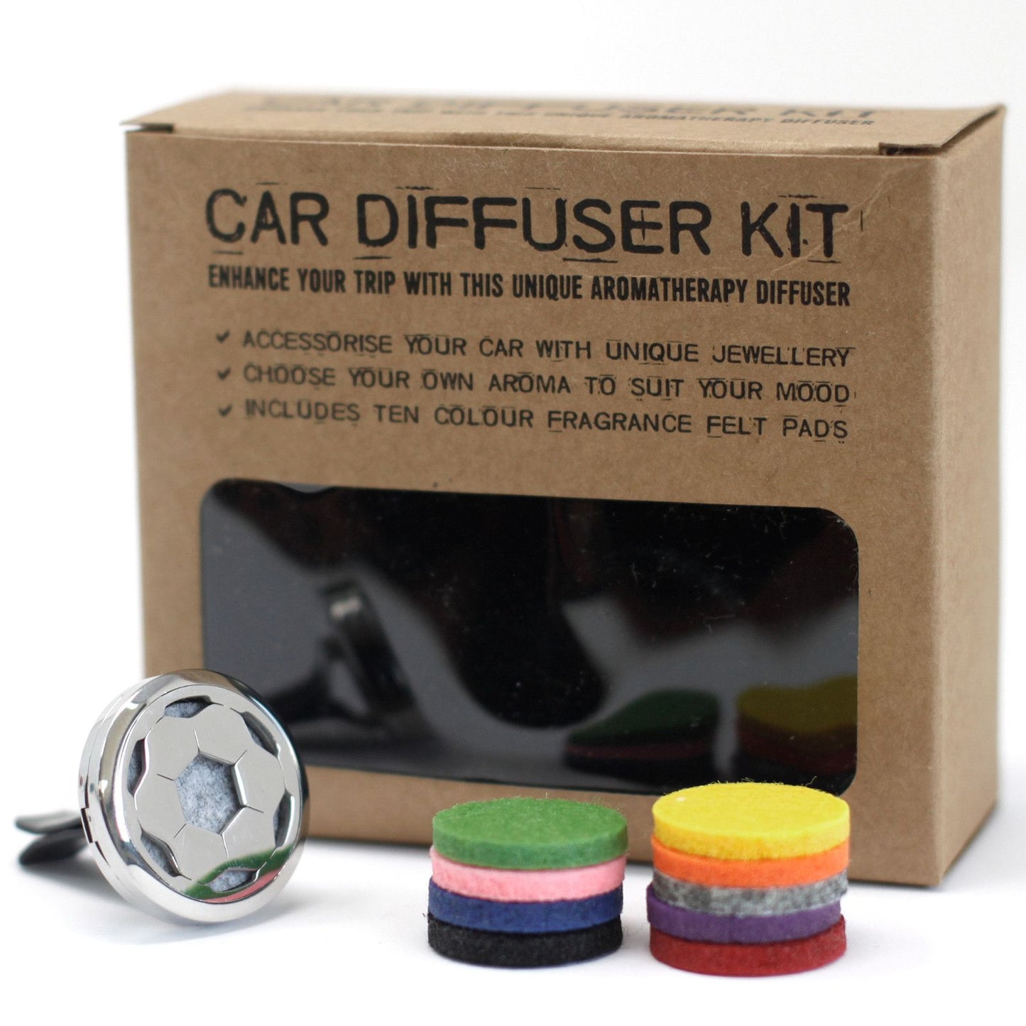 Difusor metálico de 30mm con diseño de fútbol, junto a su caja de cartón y almohadillas de fieltro de varios colores.