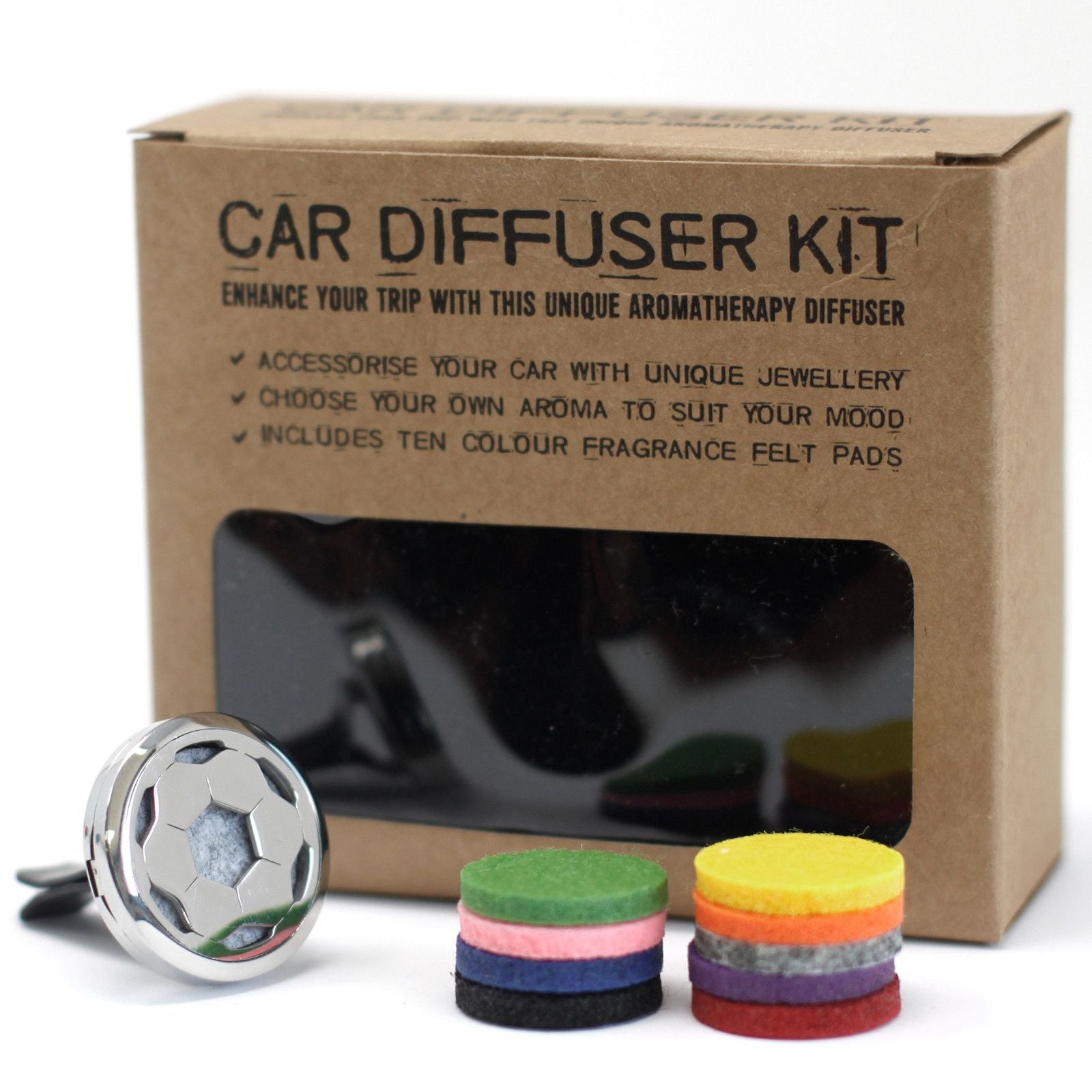 Difusor metálico de 30mm con diseño de fútbol, junto a su caja de cartón y almohadillas de fieltro de varios colores.
