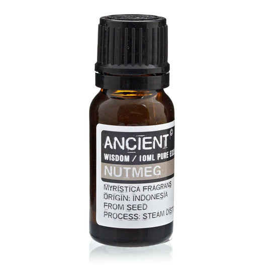 Aceite esencial de nuez moscada, 10ml, origen Indonesia, frasco marrón con tapa negra, destilado al vapor.