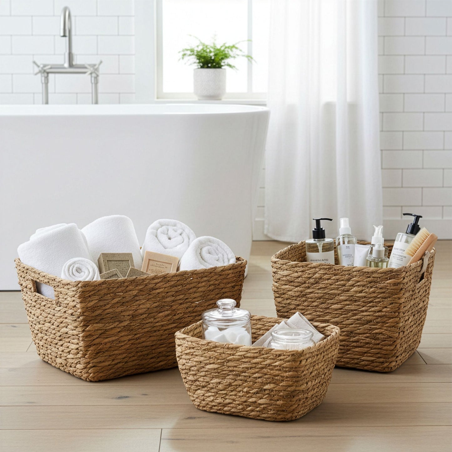 Juego de 3 cestas cuadradas de hierba marina y hoja de plátano tejidas, color natural, en un baño.