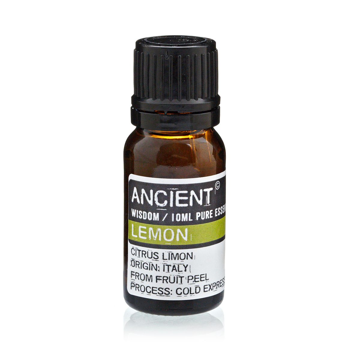 Aceite esencial de limón puro 10 ml, frasco ámbar con tapa negra, extracto de cáscara, origen Italia, proceso en frío.