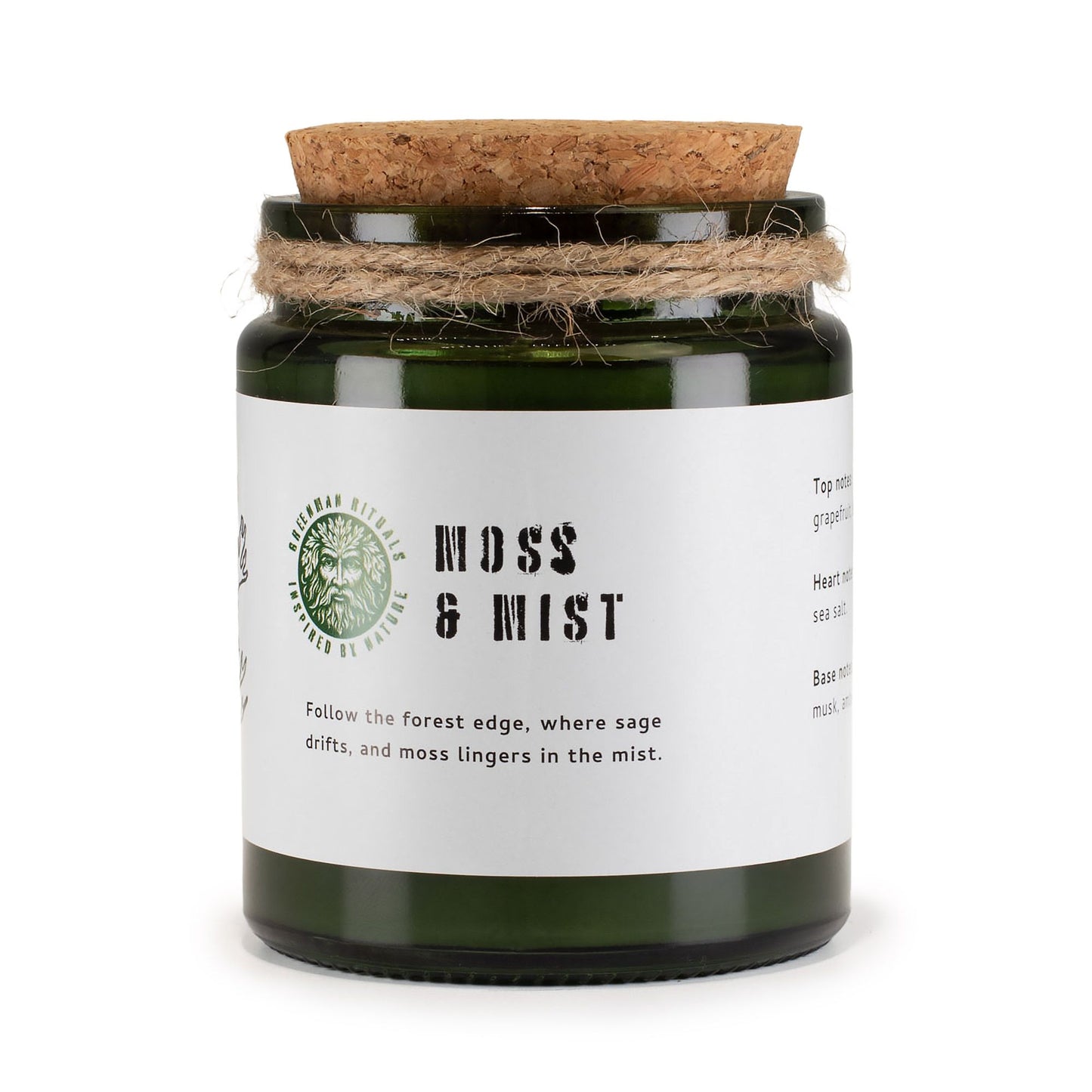 Vela aromática verde en tarro de vidrio, tapa de corcho, aroma a musgo y neblina. Ideal para ambientar y decorar.
