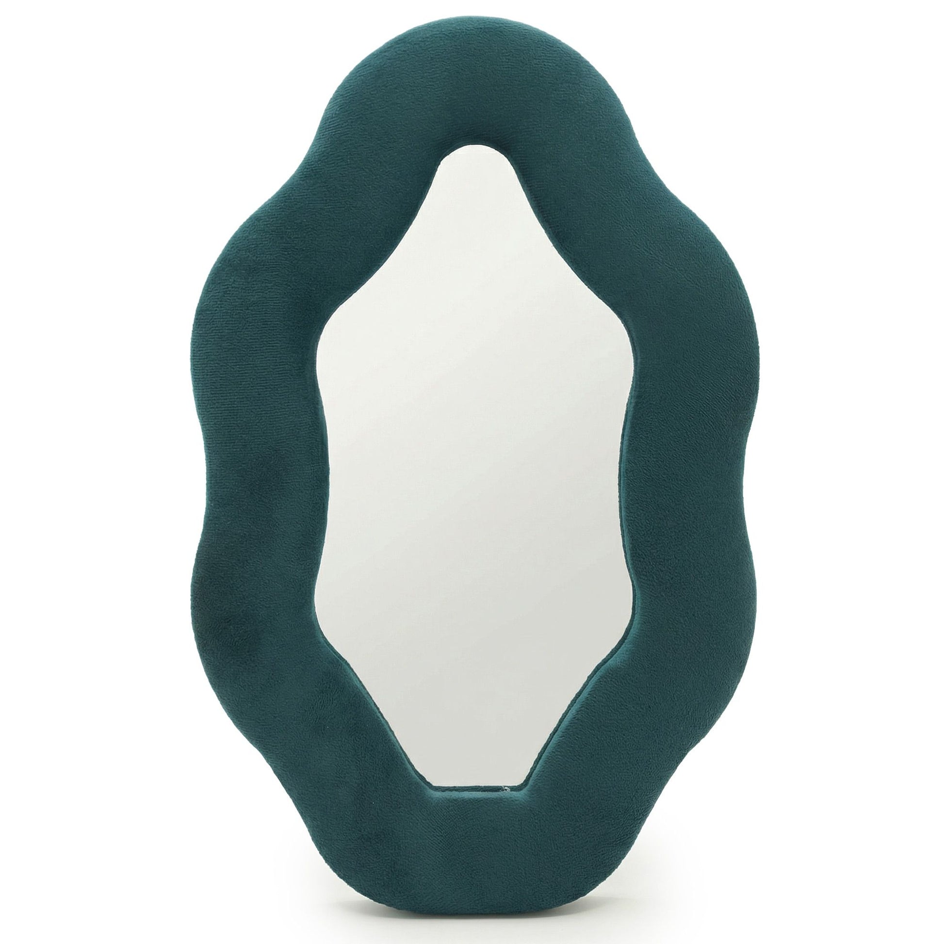 Espejo orgánico verde esmeralda con borde de terciopelo, diseño moderno y elegante para decoración interior.