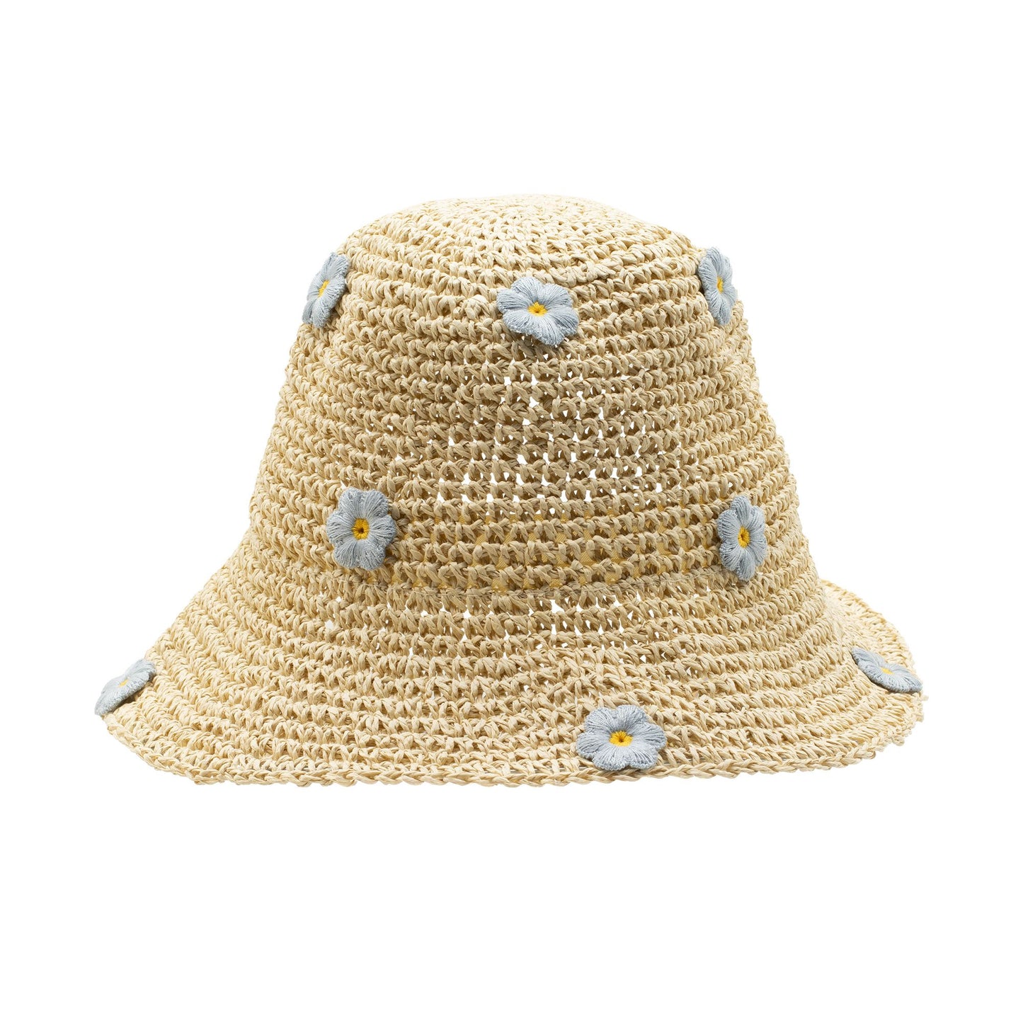 Sombrero de paja natural con flores bordadas azules, estilo casual y veraniego. Ideal para días soleados.