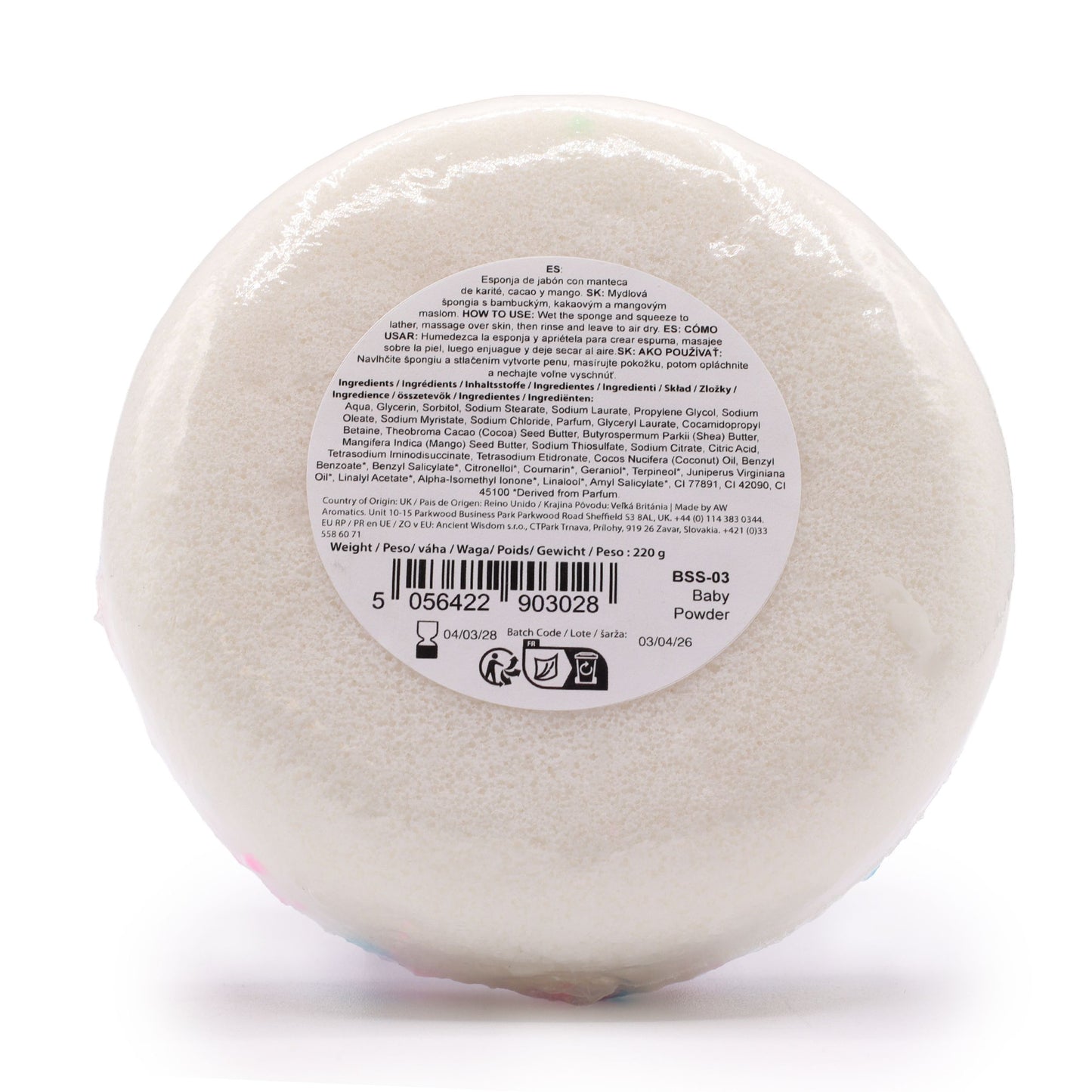 Esponja de jabón exfoliante con mantequilla - aroma polvo para bebé | 230 g