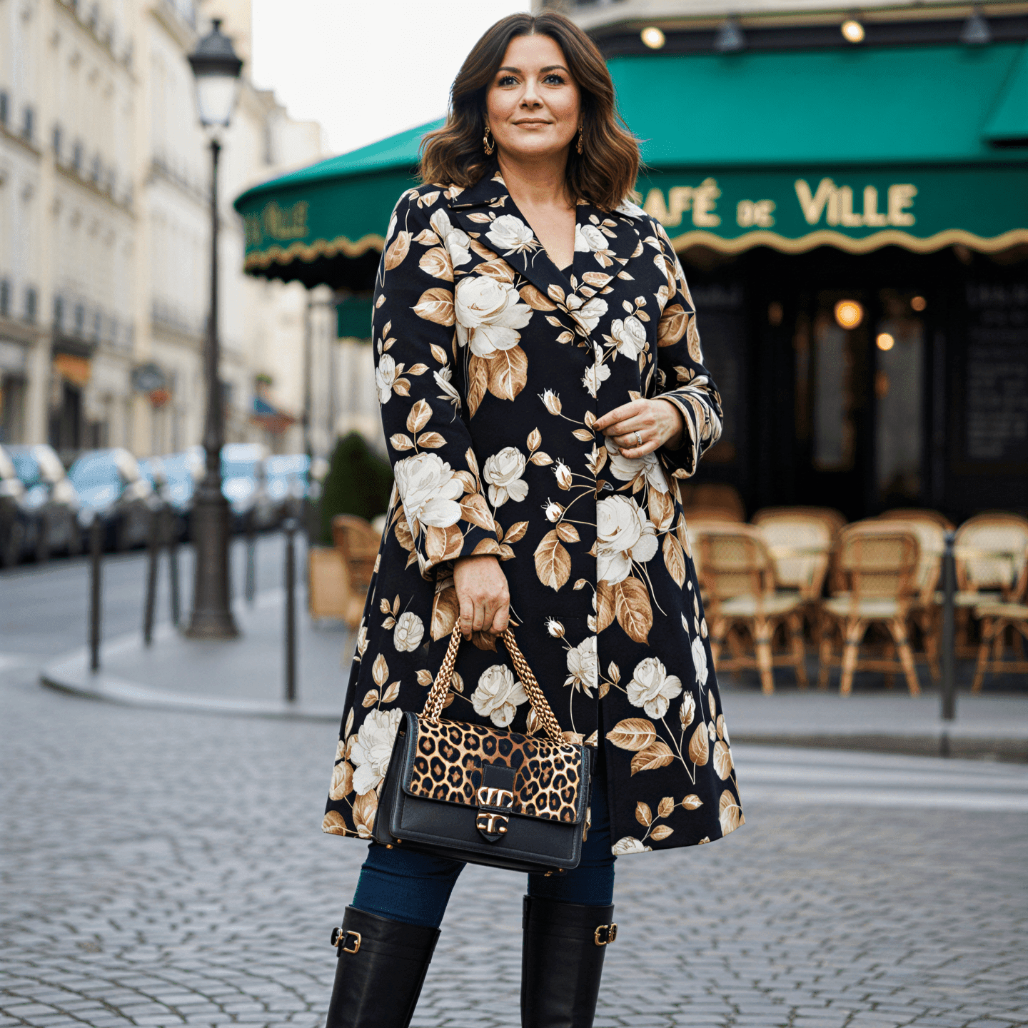 Woman wearing a black long coat with beige rose print, featuring lapels, worn over jeans and black knee-high boots.
