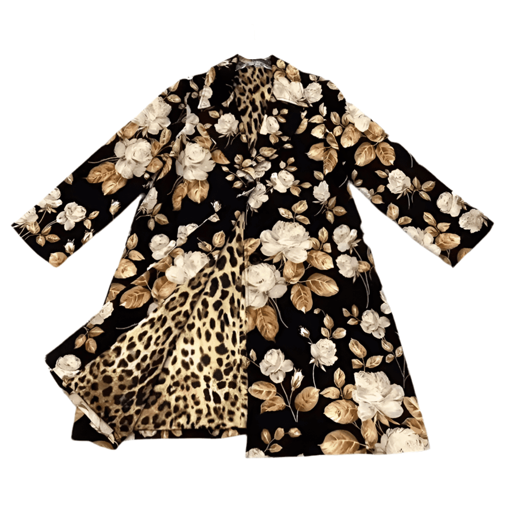 Long black brocade overcoat with beige rose print and leopard print lining, featuring a collared, button-front style.