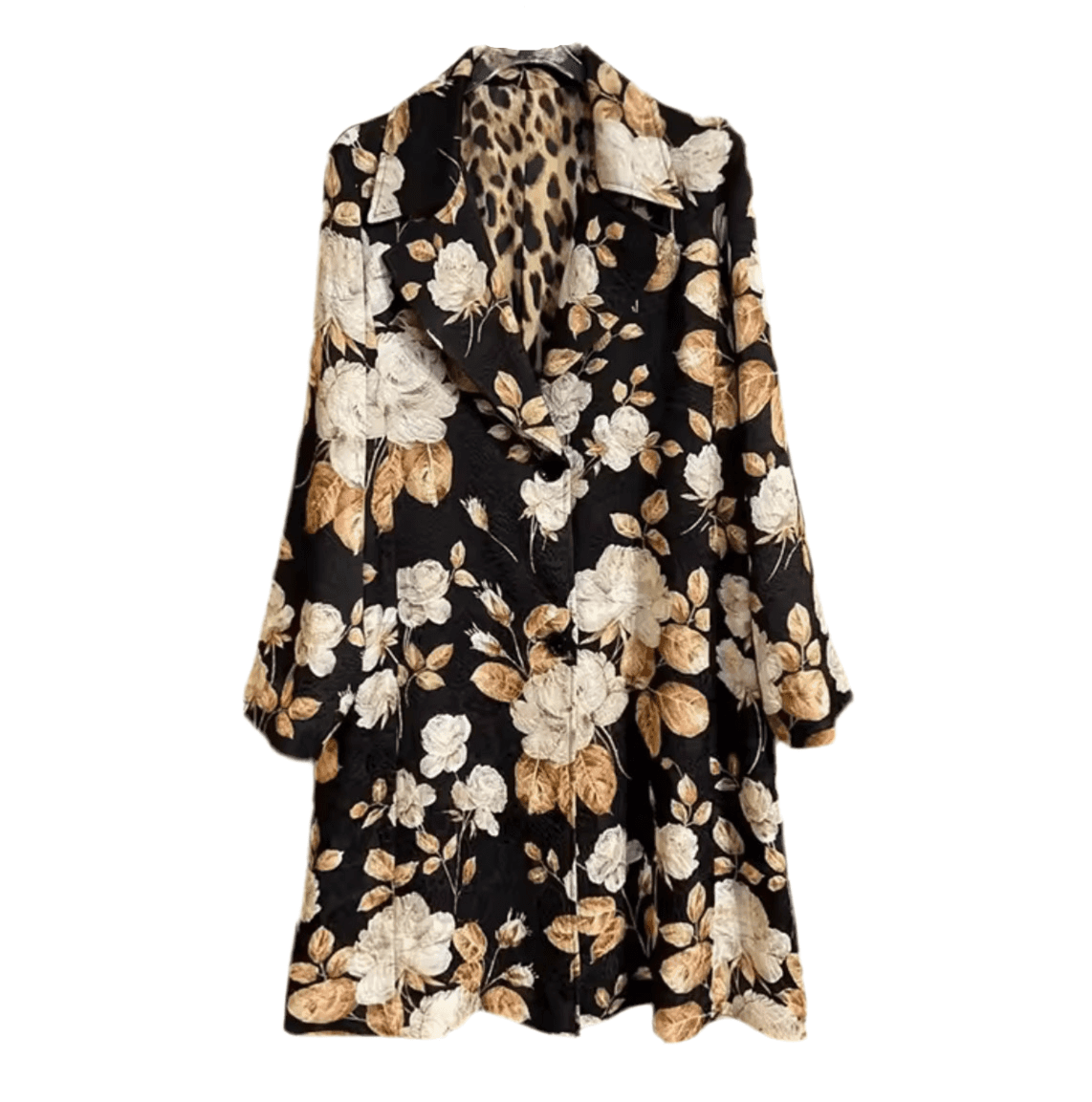 Long brocade coat featuring a black base with beige rose print and leopard print lining, featuring notched lapels.