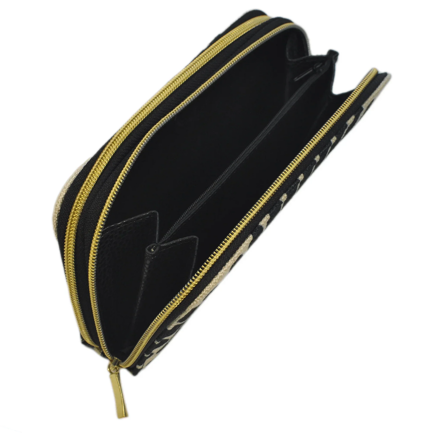 Billetera grande de mujer con doble cremallera Pétalos negros | CHULA Tulum