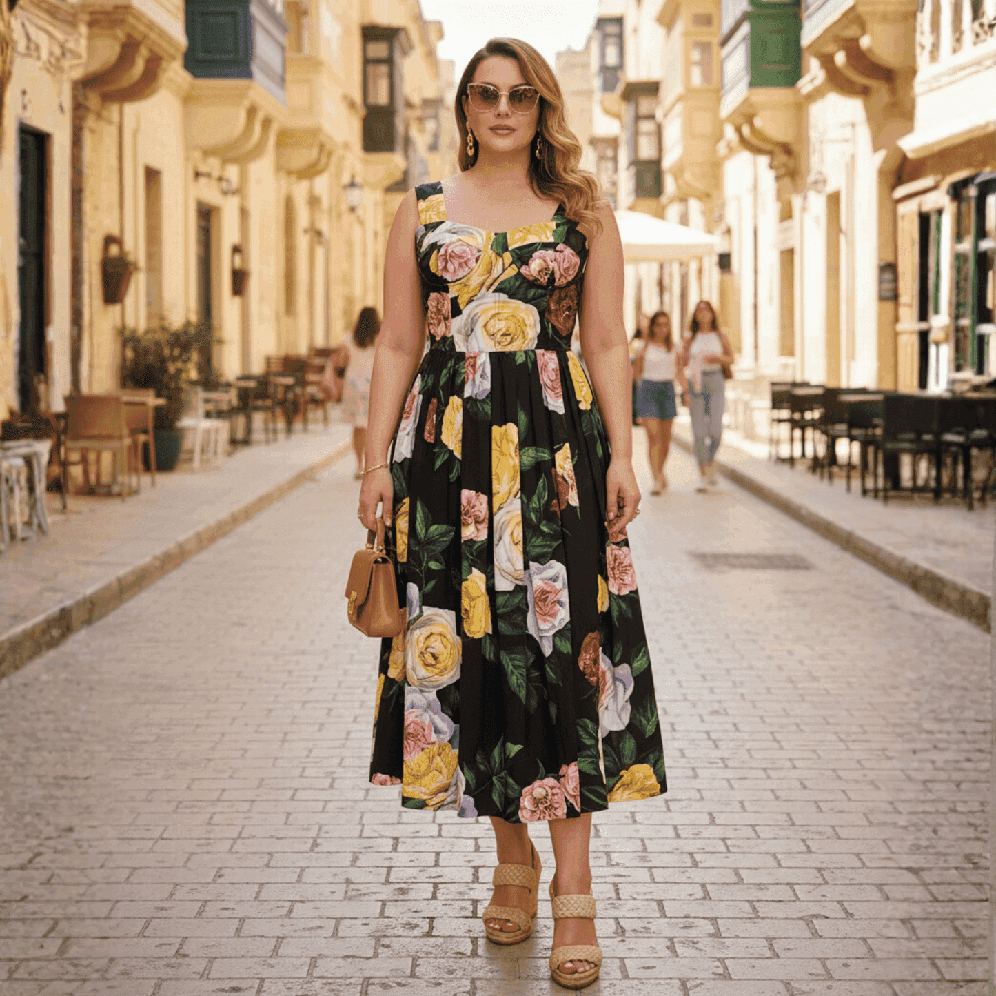 Black floral maxi dress with yellow and pink roses, ruffled straps, and a flowy silhouette, perfect for summer outings.