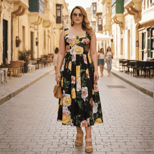 Black floral maxi dress with yellow and pink roses, ruffled straps, and a flowy silhouette, perfect for summer outings.