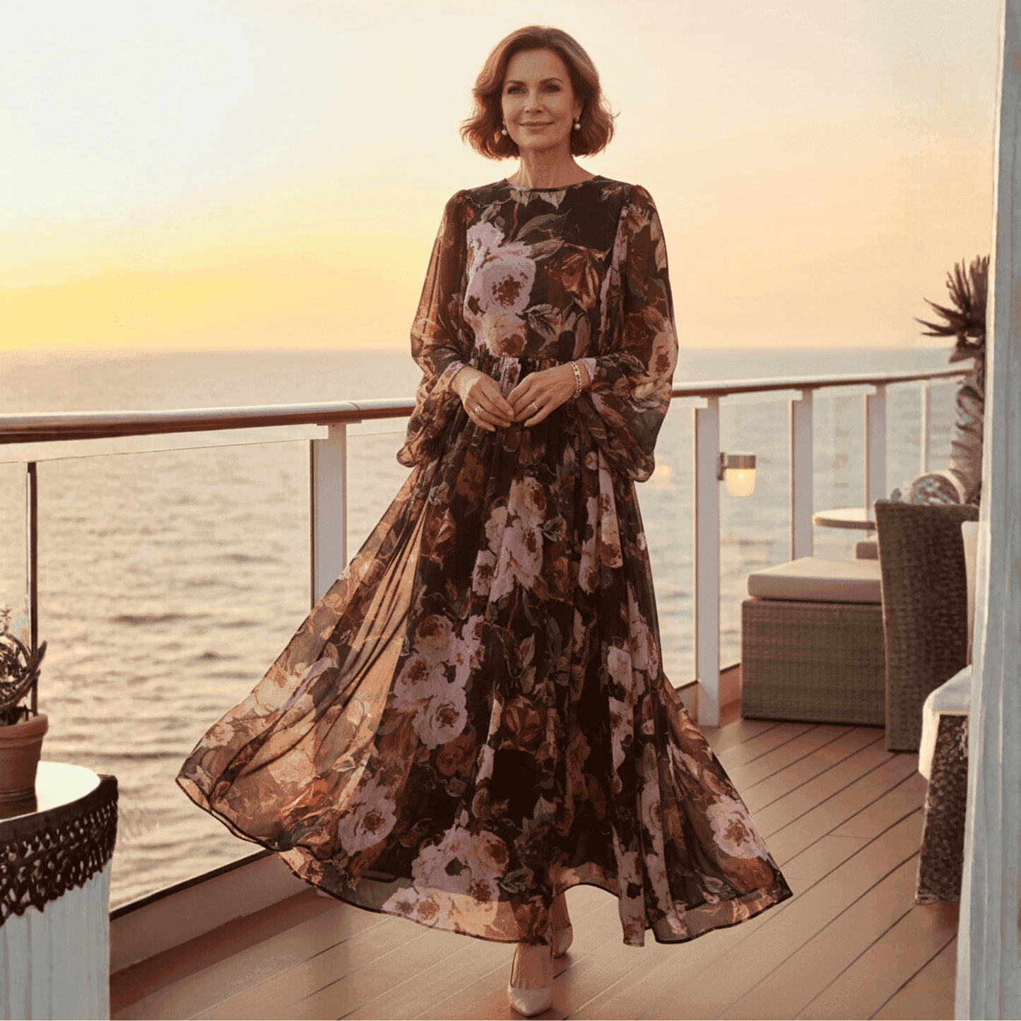 Elegant black floral maxi dress with long sleeves, featuring pink and purple flowers, perfect for evening occasions.
