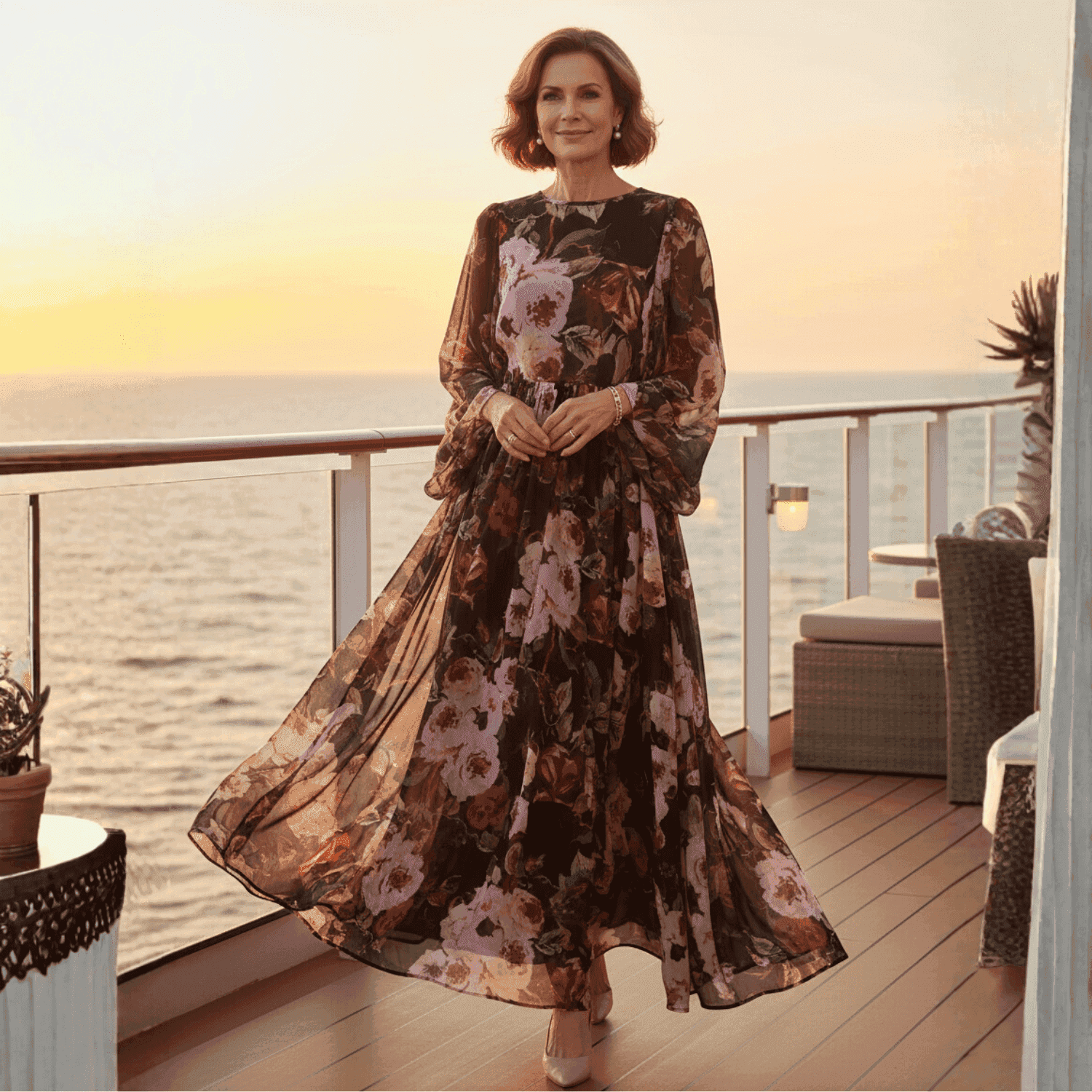 Elegant black floral maxi dress with long sleeves, featuring pink and purple flowers, perfect for evening occasions.