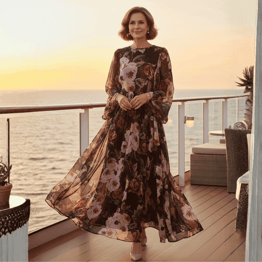 Elegant black floral maxi dress with long sleeves, featuring pink and purple flowers, perfect for evening occasions.