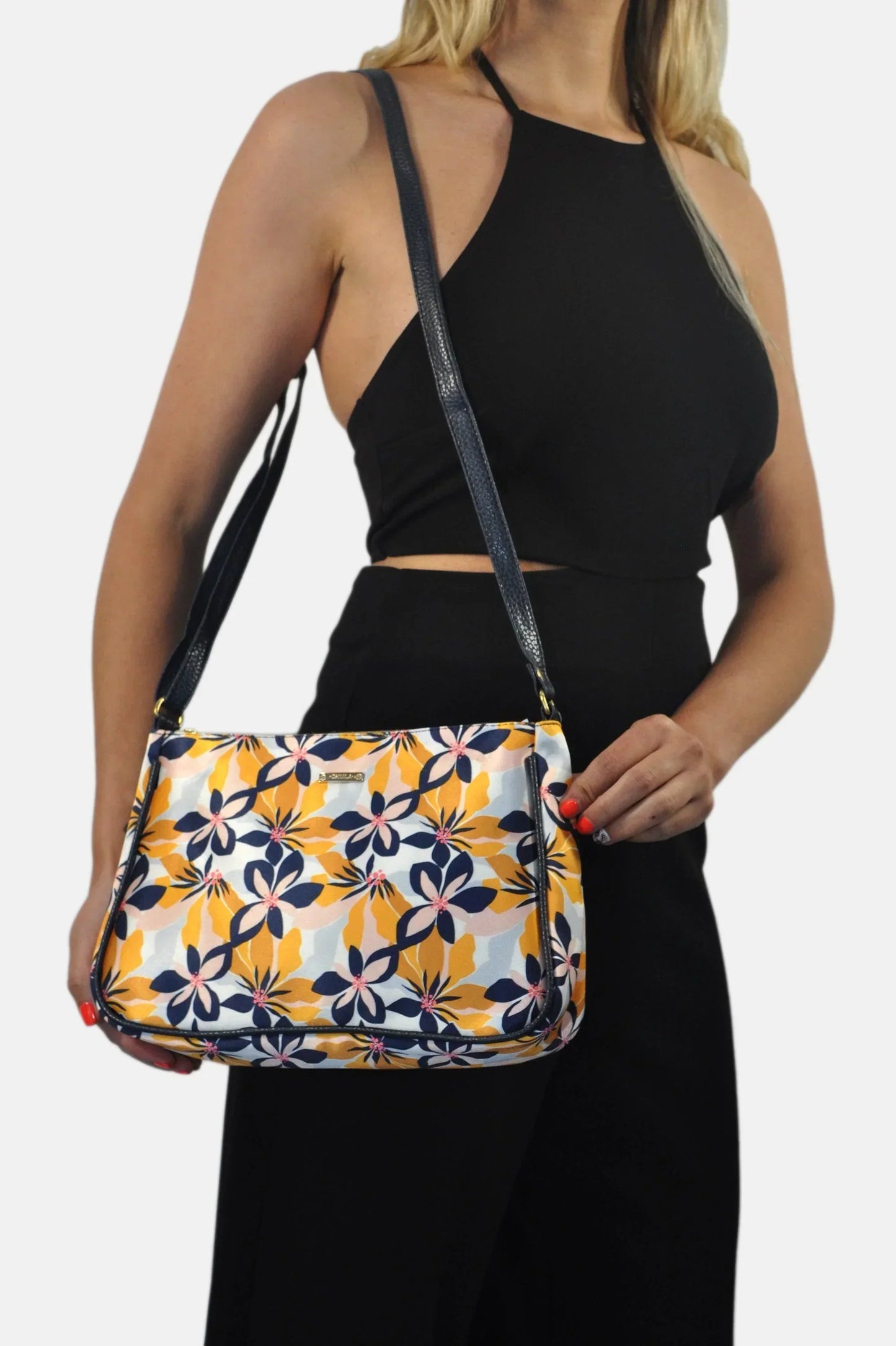 Bolso bandolera mediano Iliana Shoulder Flor Amarilla Marino | CHULA Tulum