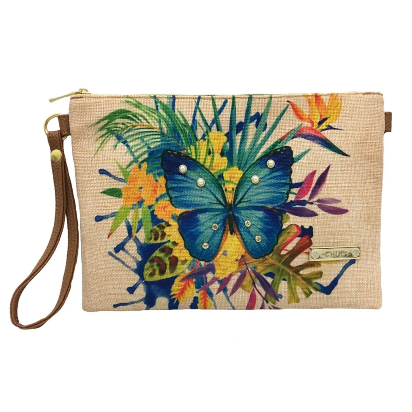 Bolso de Mano y Bandolera Pequeño Clutch Mariposa jardín con estampado floral y mariposas sobre fondo blanco