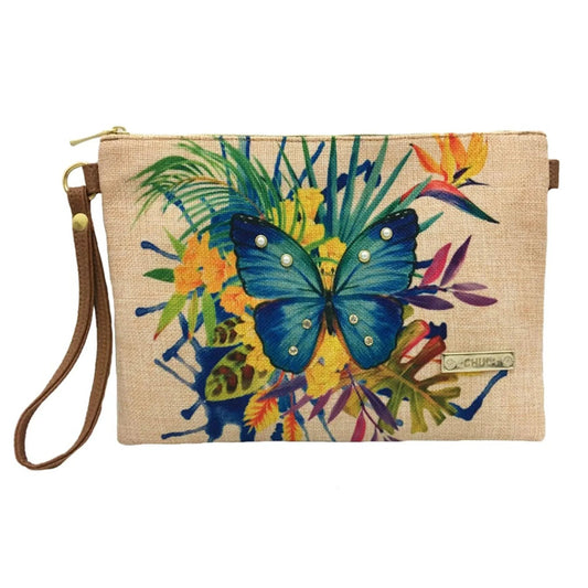 Bolso de Mano y Bandolera Pequeño Clutch Mariposa jardín con estampado floral y mariposas sobre fondo blanco