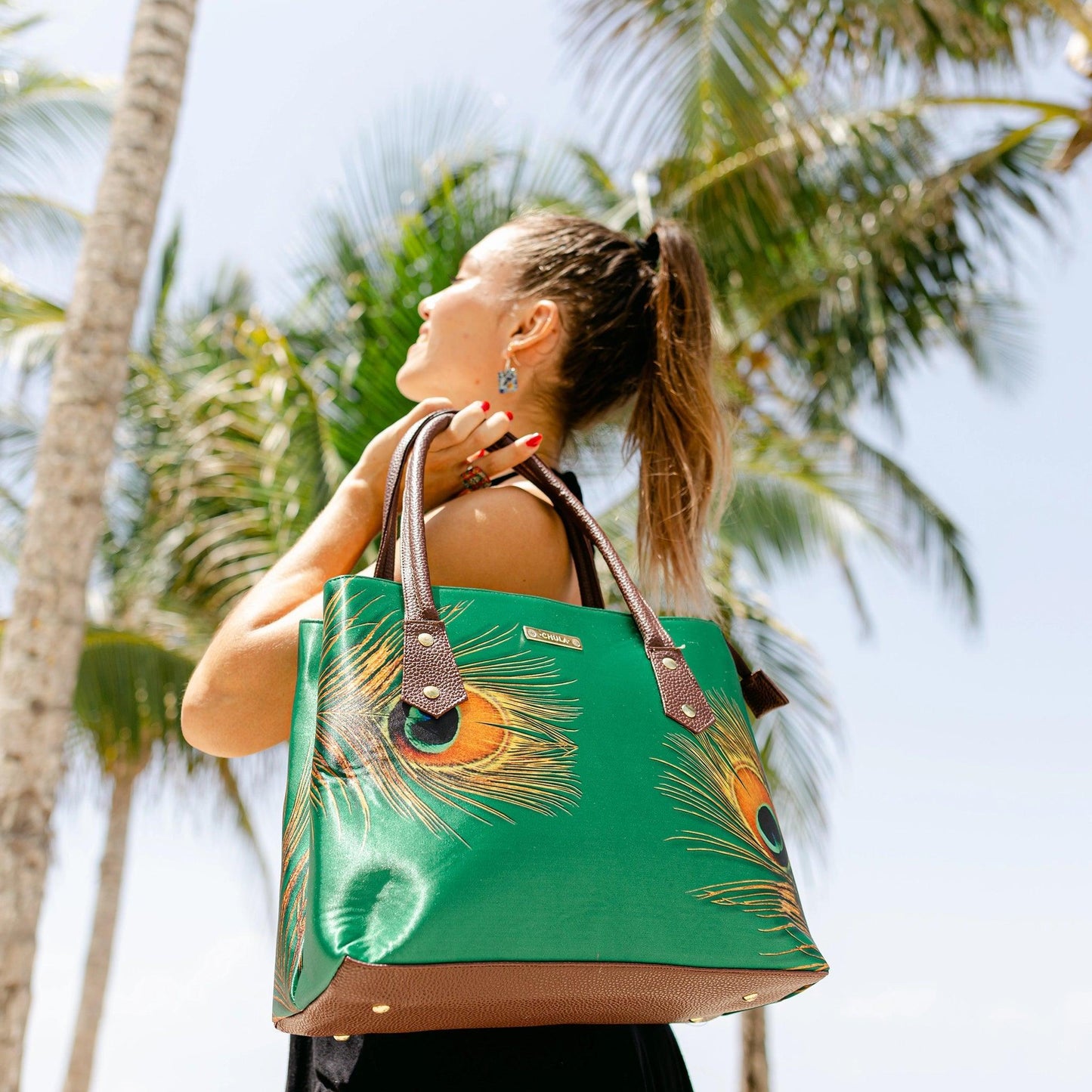Bolso de hombro y mano Shopper Tote de mujer Pupe Pavo Real Verde | CHULA Tulum