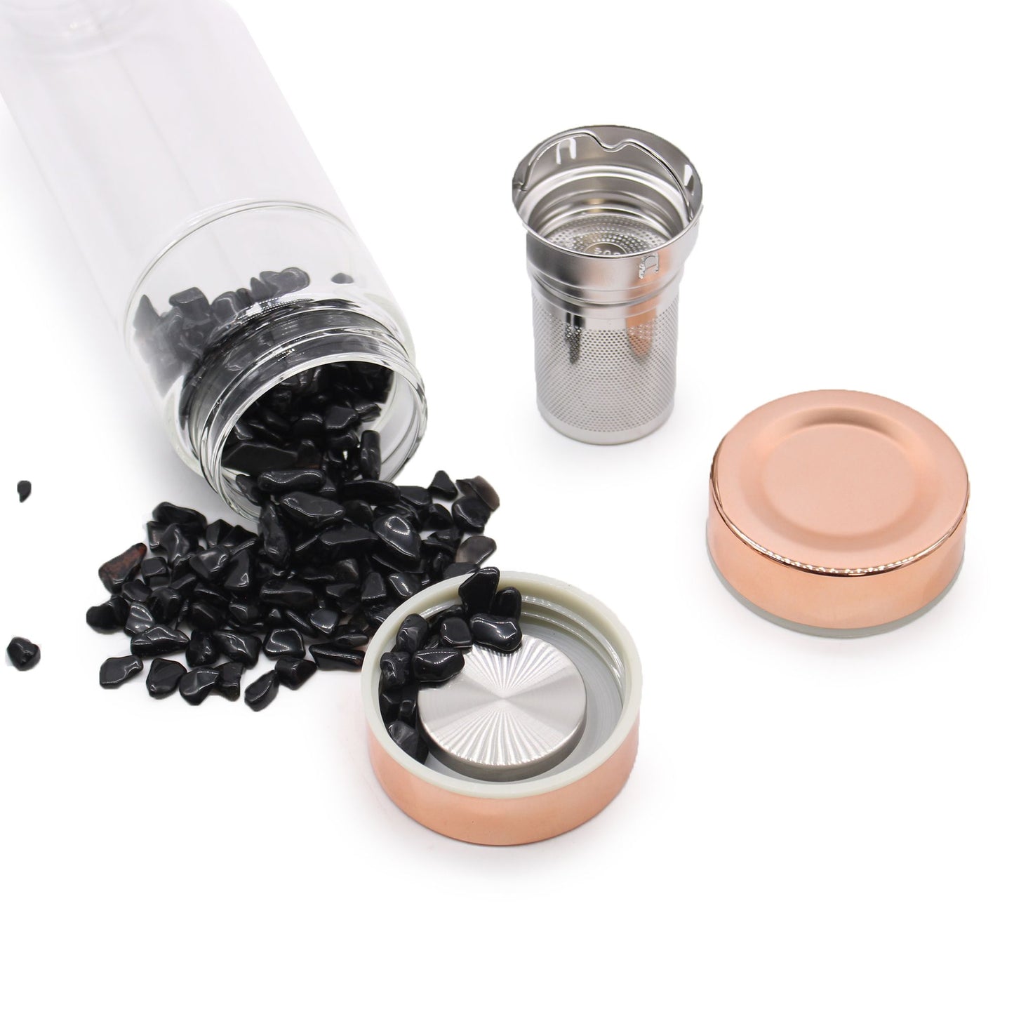 Botella de cristal para té con infusor desmontable y compartimento inferior decorativo con cuarzo rosa, un accesorio sofisticado y funcional