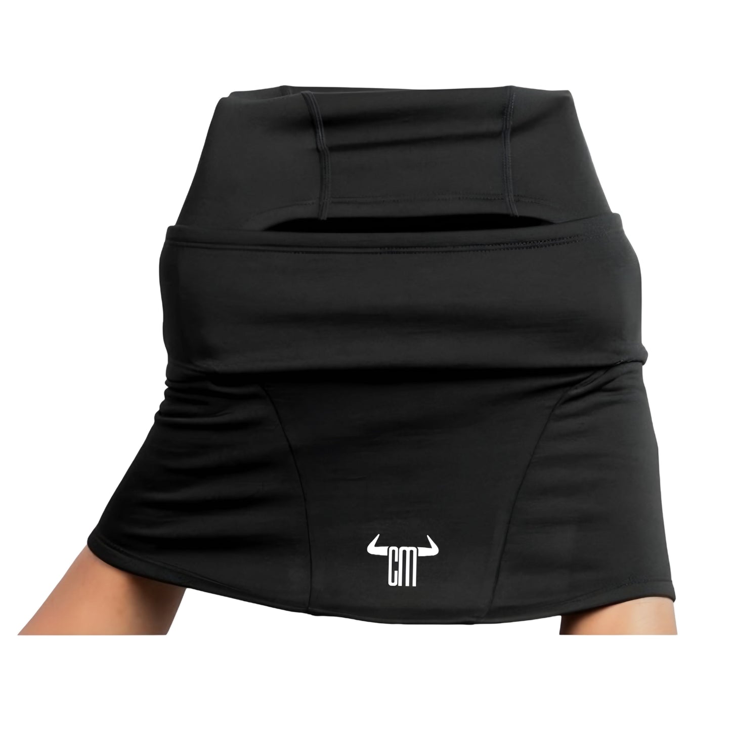 Black performance skirt with stretchy fabric and logo, ideal for activewear and sport activities.