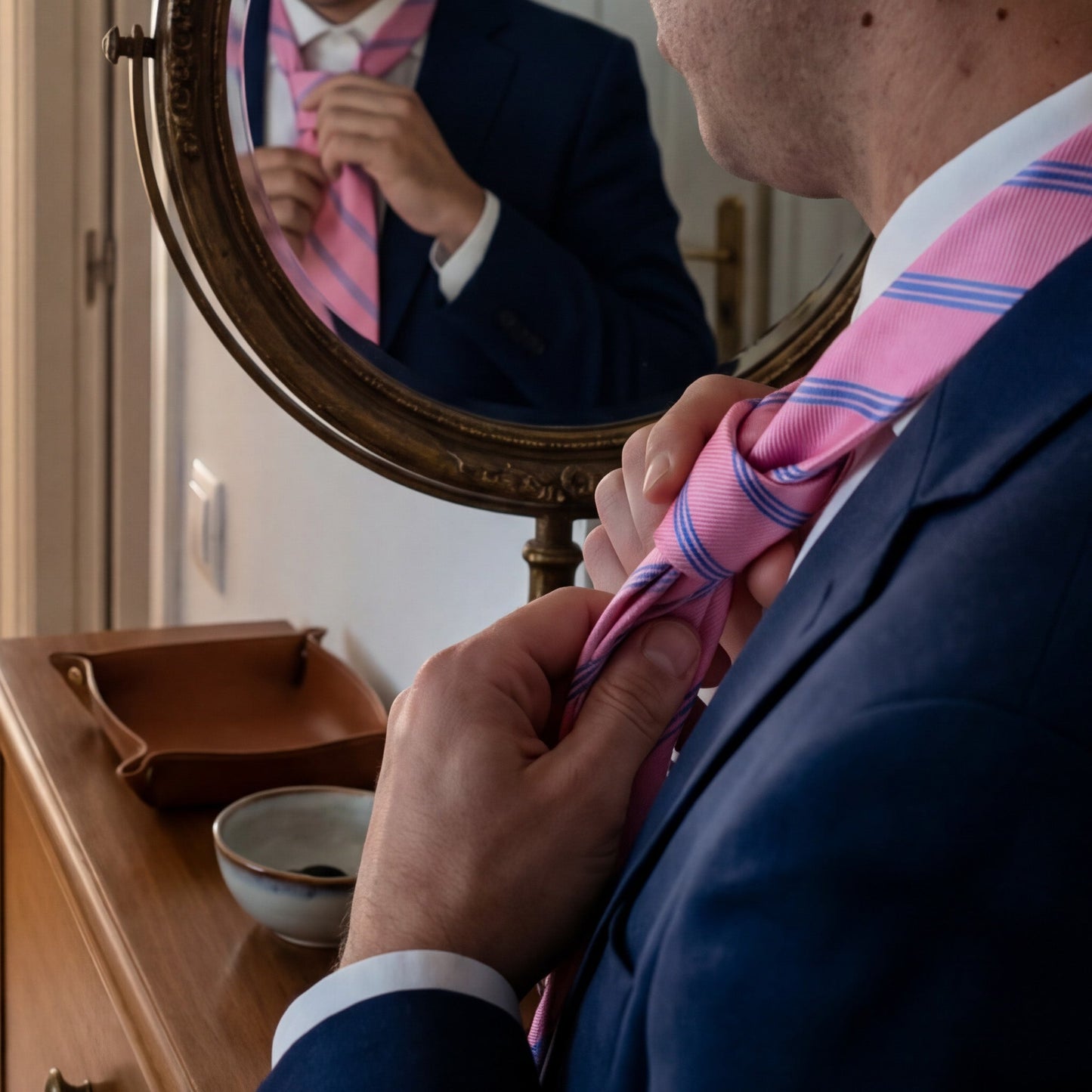 Brighton · conjunto de corbata a rayas rosas y azules con pañuelo de bolsillo, gemelos y pasador de corbata