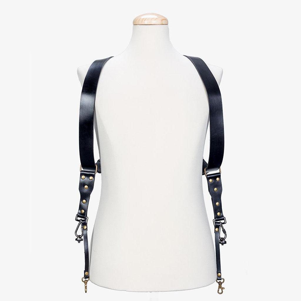 Back view of Dual Leather Camera Strap showcasing its stylish design and dual harness feature.