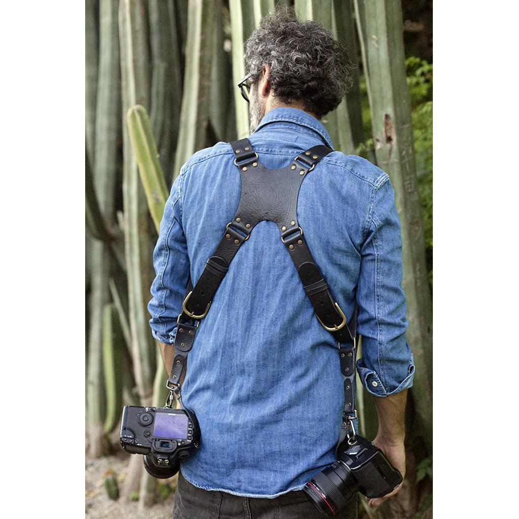 Dual Leather Camera Strap showing padded interior and removable divider