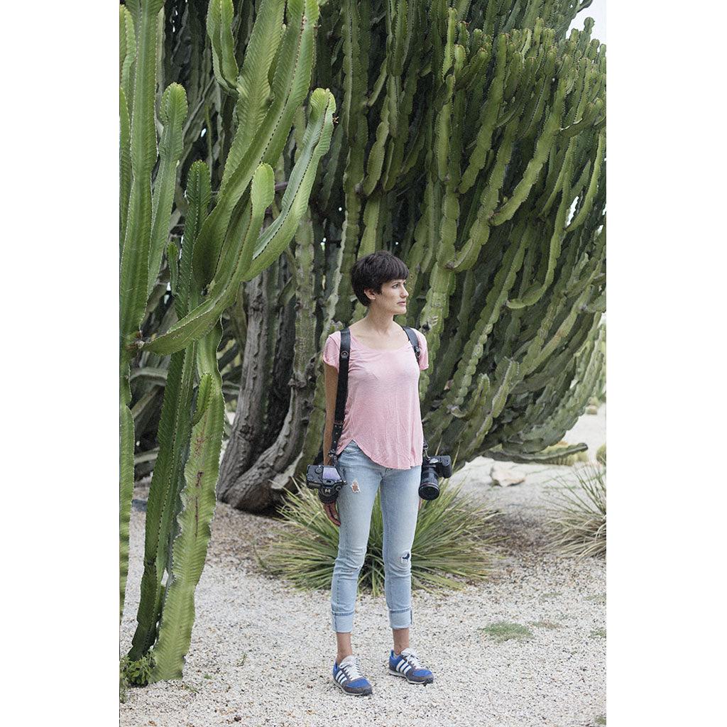 Dual Leather Camera Strap with stainless steel 304 carabiners for secure camera transport