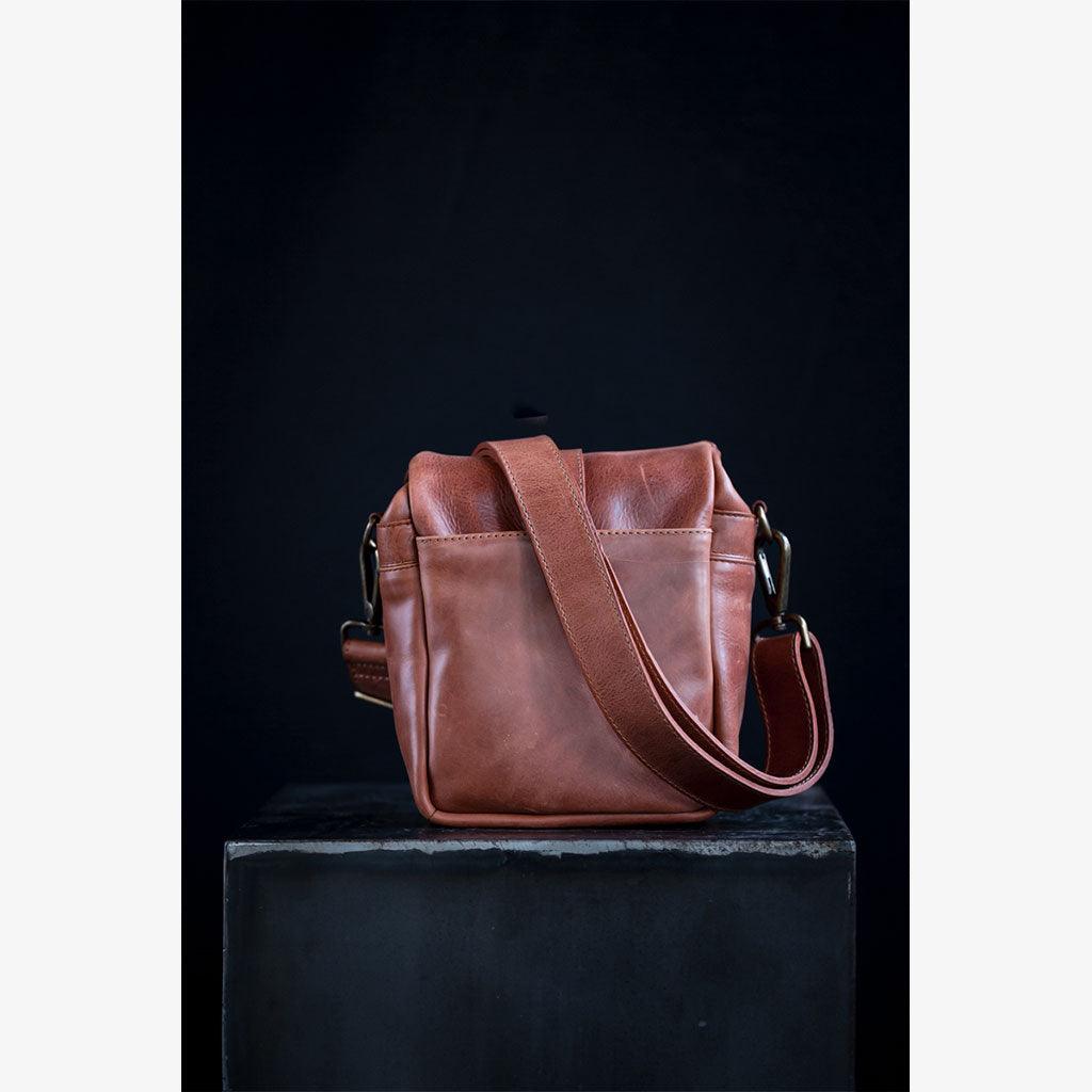 Tanned Leather Camera Bag adjustable crossbody strap