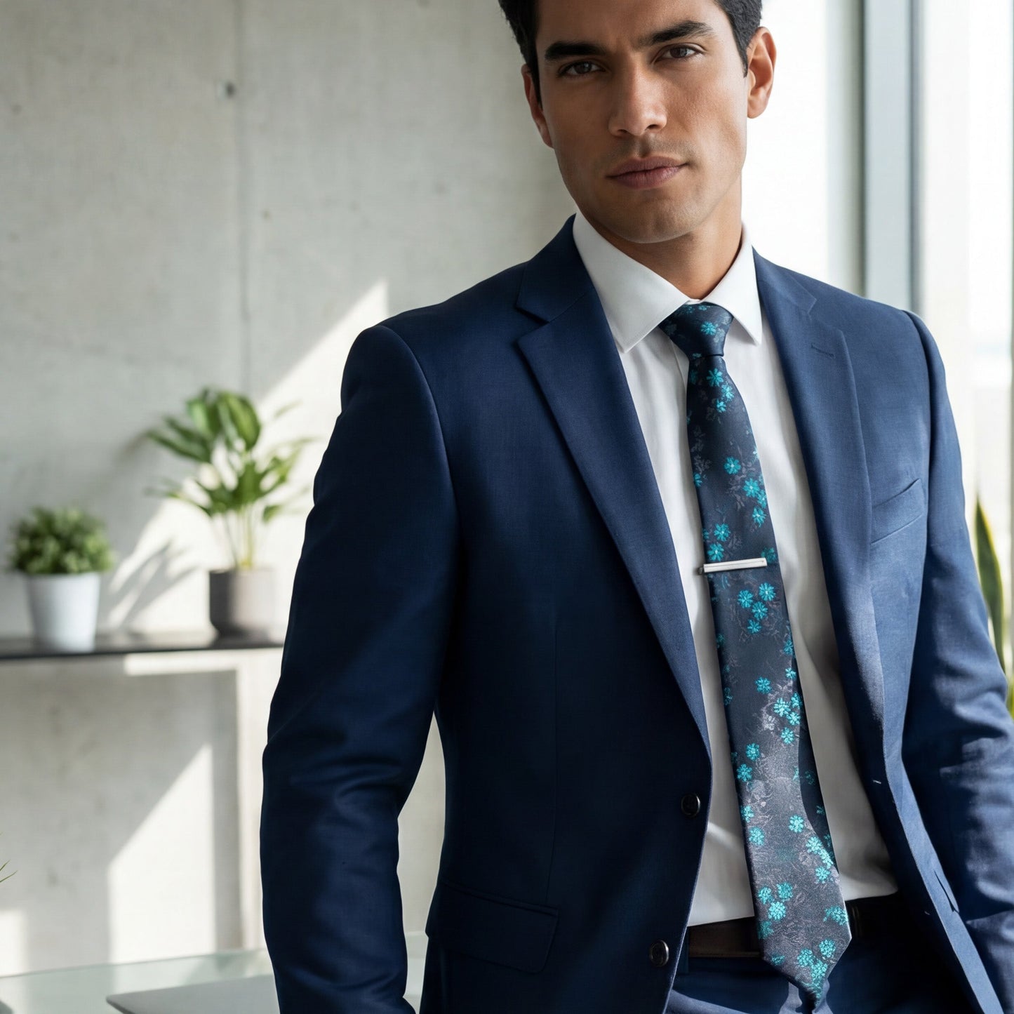 Brunneras · conjunto de corbata floral azul y cian con pañuelo, gemelos y pasador