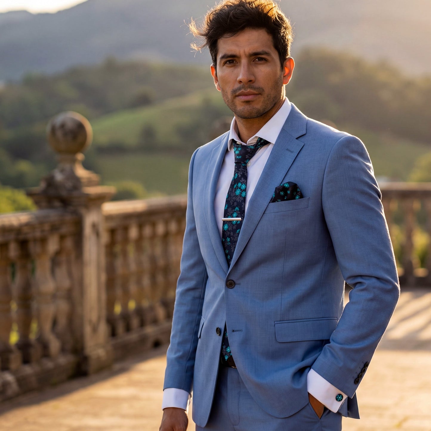 Brunneras · conjunto de corbata floral azul y cian con pañuelo, gemelos y pasador