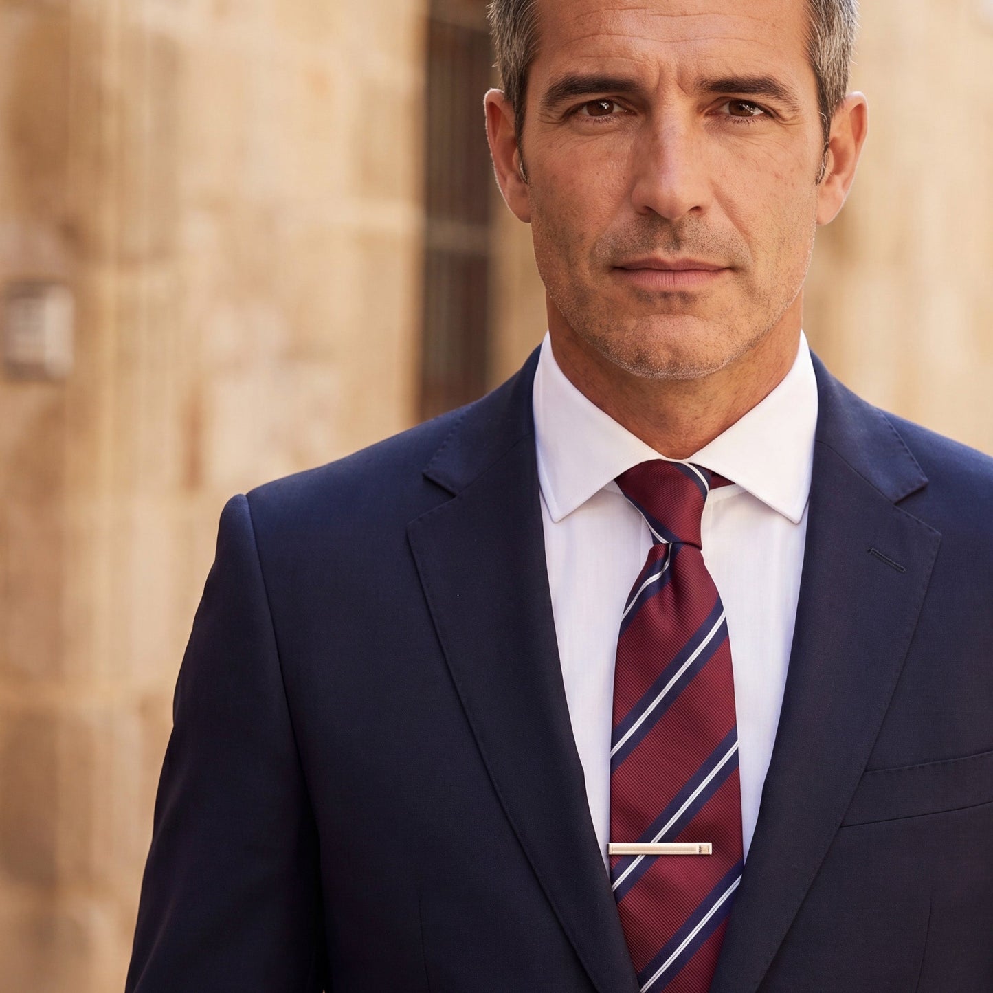 Buckingham · corbata color granate 100% seda con rayas azul marino y blancas