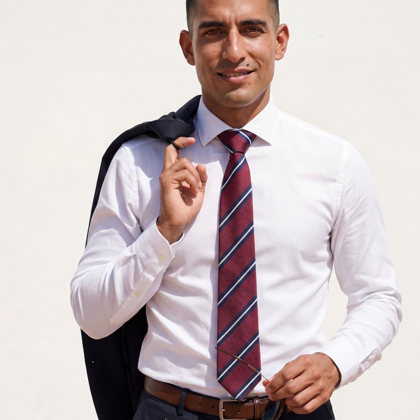 Buckingham · corbata color granate 100% seda con rayas azul marino y blancas