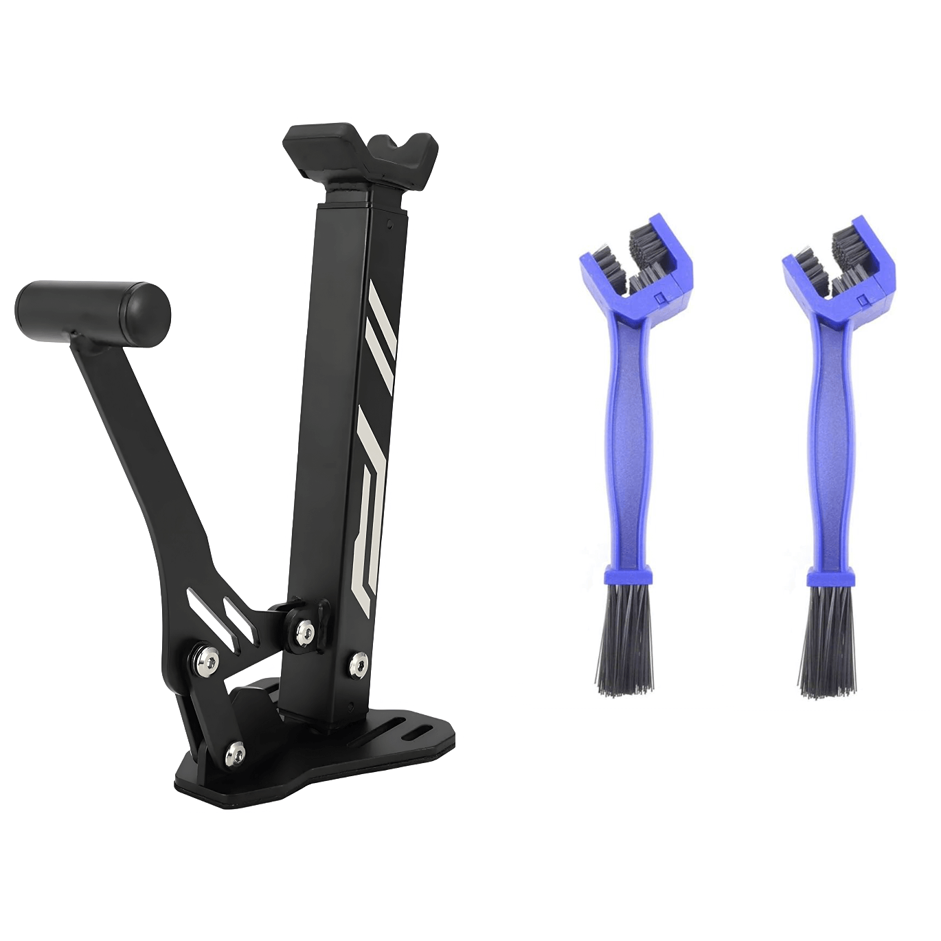 Caballete compacto PRO con 2 cepillos de limpieza para cadena de moto