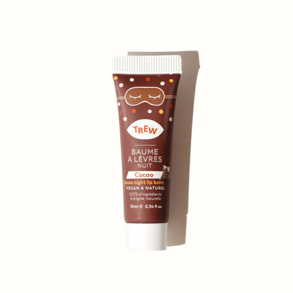 Brown cocoa lip balm tube featuring a sleep mask graphic, white text, and a festive dot pattern on a white background.