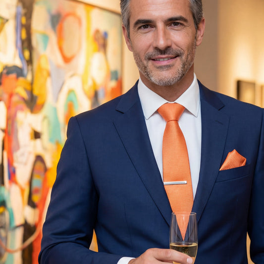 Cagliari · conjunto de corbata naranja con pañuelo de bolsillo, gemelos y pasador de corbata