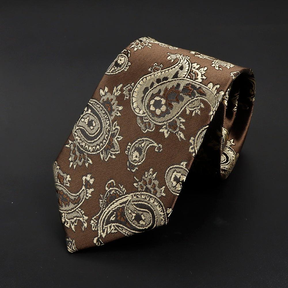 Carnac · corbata con estampado paisley marrón chocolate con detalles dorados y beige