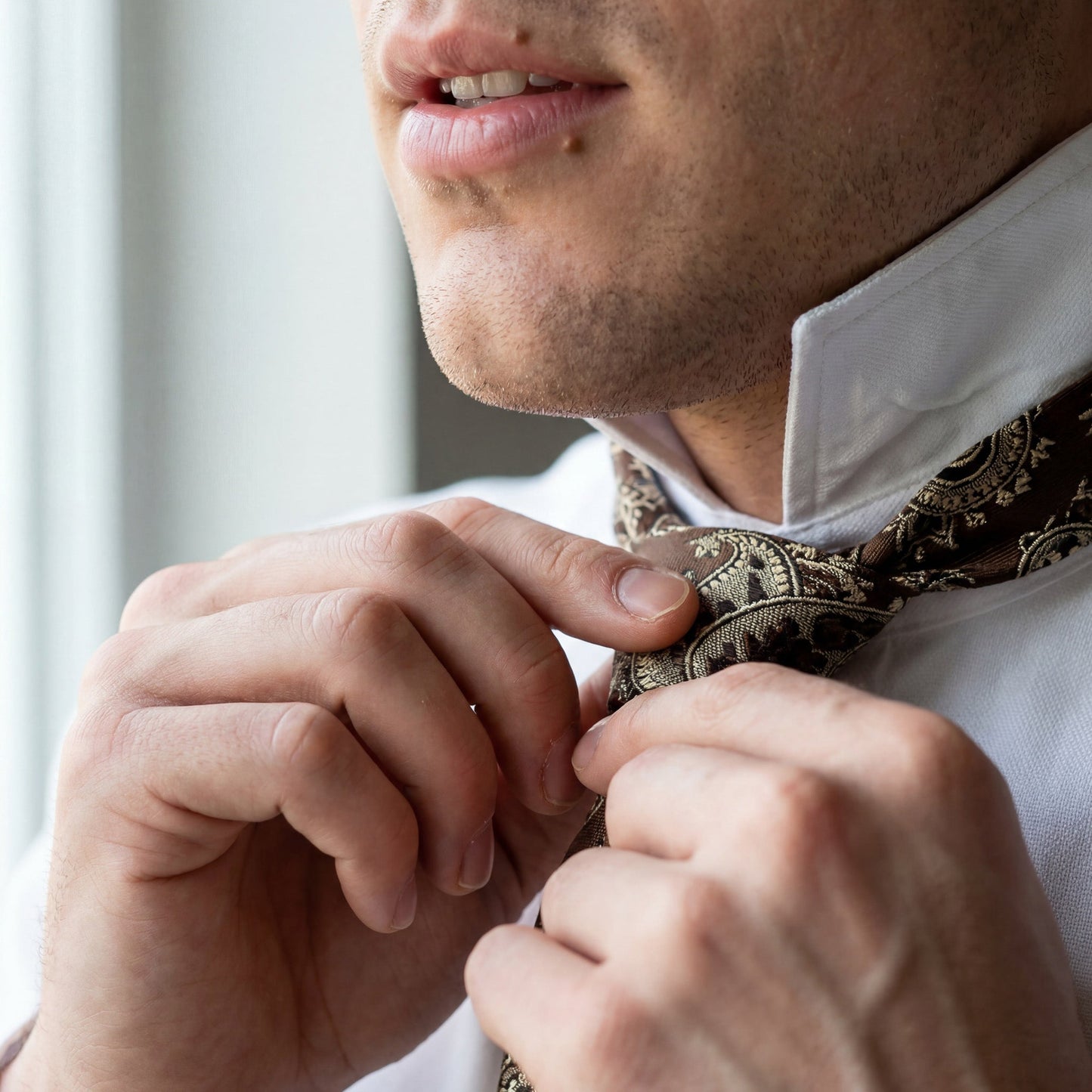 Carnac · corbata con estampado paisley marrón chocolate con detalles dorados y beige